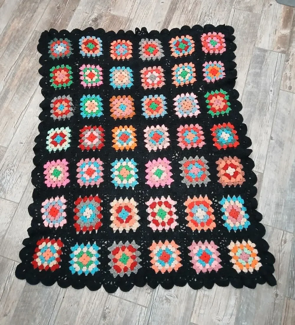 VTG Granny Square Crochet Afghan Throw 35x45 Black Multicolor Handmade Boho